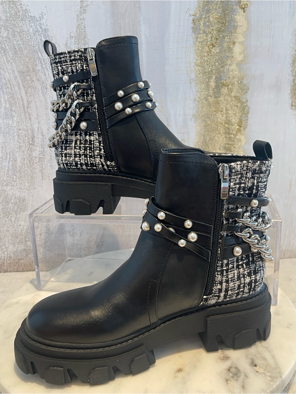 Nine West - Black Pearl-Studded Tweed Combat Booties - 6